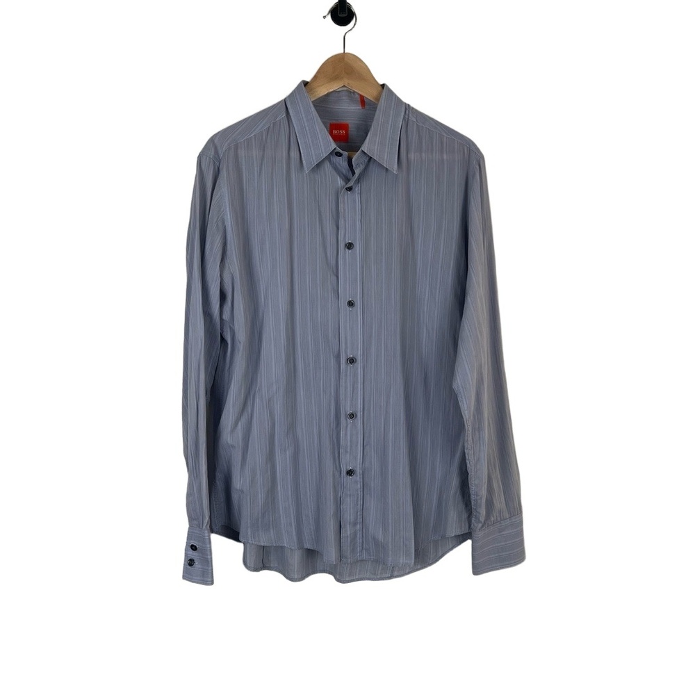 BOSS Button Down Large Blue Gray Striped‎ Dapper Office Lightweight Professional